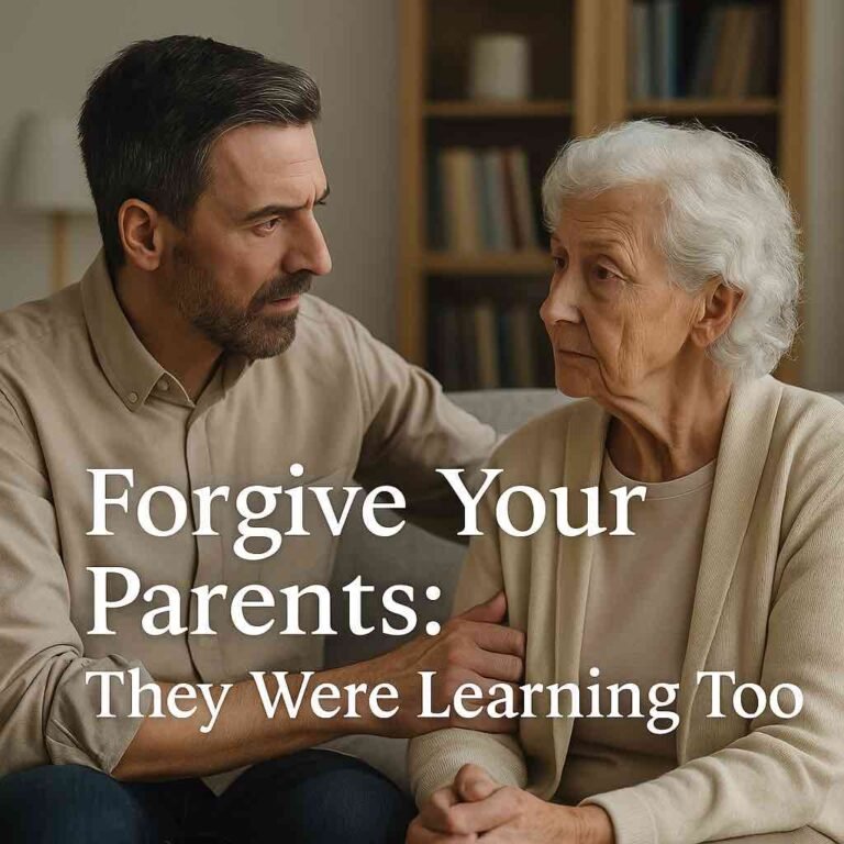 a grown man with her old mother representing how to forgive your parents