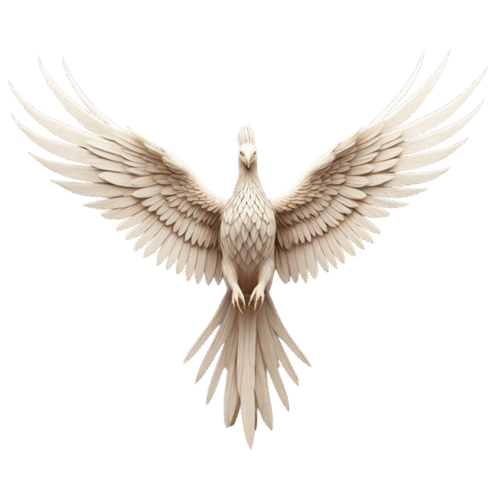 A majestic white phoenix rising from flames, symbolizing rebirth and transformation in life coaching.