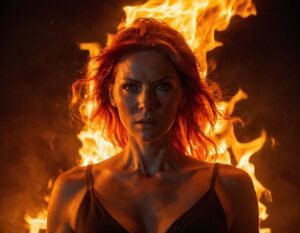 strong woman walking through the flames