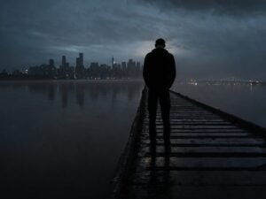 man facing down standing on a bridge under a dark grey sky, symbolizing shadow work