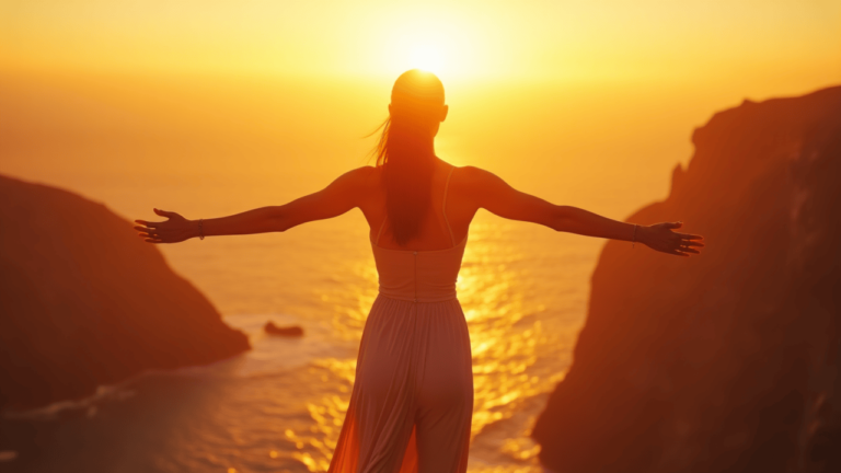 inspired woman seen from the back looking at a sunset from the top of a cliff