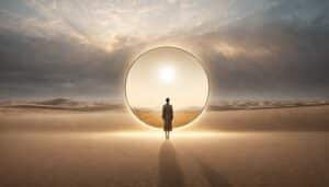 person facing a portal in the desert of dubai