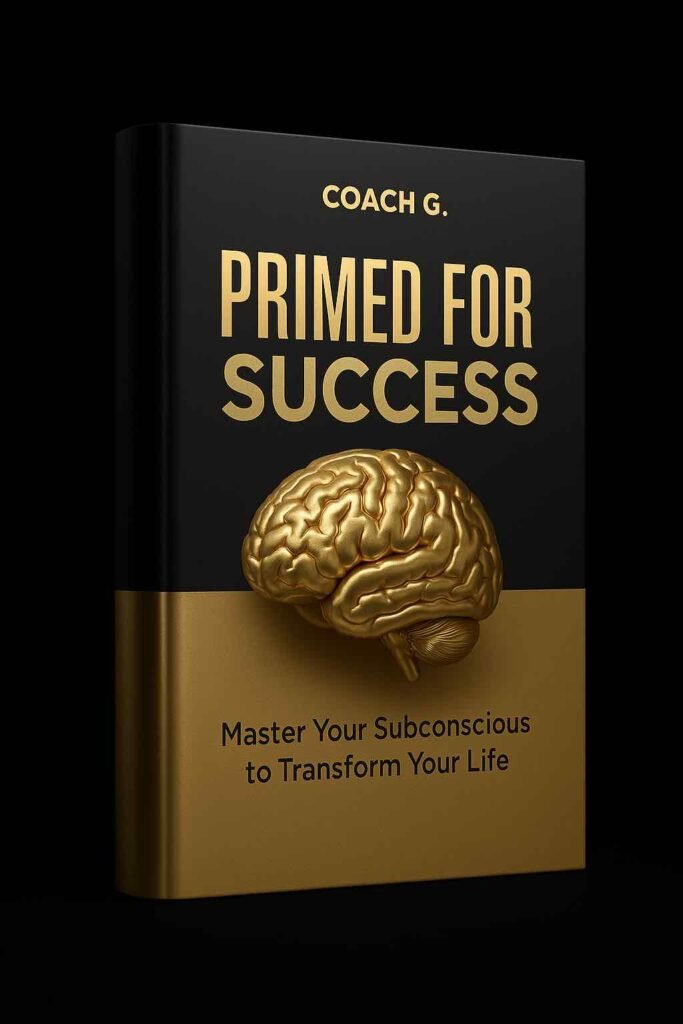 Primed for Success ebook cover by Coach G: Golden brain on black, mastering subconscious for transformational life coaching in Dubai