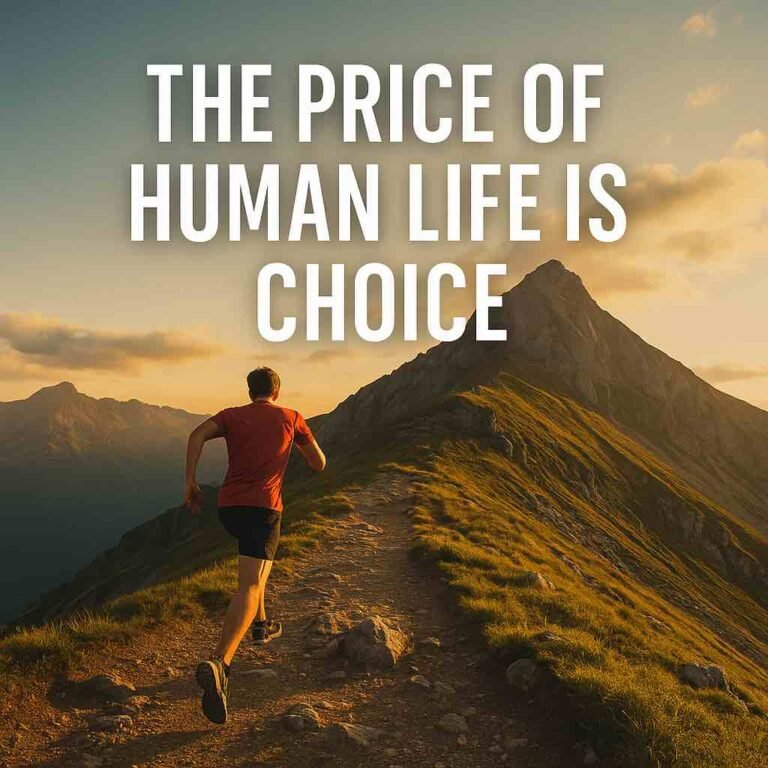 image of someone runniing towards the the top of a mountain representing the price of human life is choice