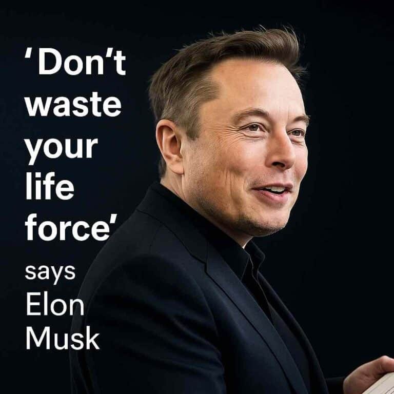 Motivational quote image of Elon Musk speaking on a dark background: "Don't waste your life force" attributed to him about semen retention in men.
