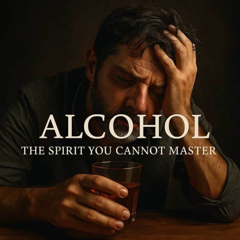 A hyper-realistic image of a man sitting alone at a dimly lit bar, head bowed with a glass of whiskey in hand. The atmosphere is moody and reflective, symbolizing the spiritual and psychological struggle behind alcohol. Text on image reads: “Alcohol — The Spirit You Cannot Master.