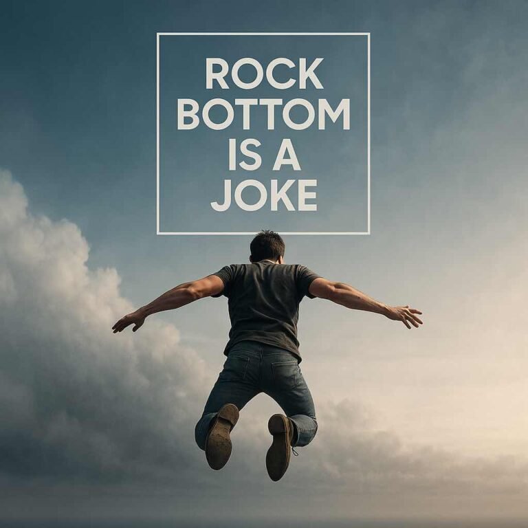 Motivational graphic featuring a man in a gray t-shirt and jeans leaping joyfully with arms outstretched against a vast blue sky with scattered white clouds at sunset; bold white text overlay reads "ROCK BOTTOM IS A JOKE" in a square frame.