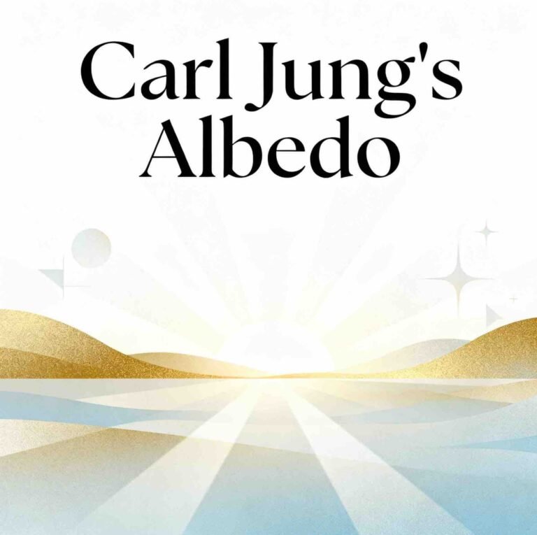 Square inspirational graphic featuring serene sunrise landscape with elegant overlay text "Carl Jung's Albedo" symbolizing psychological purification, inner clarity, and spiritual transformation in Jungian alchemy.