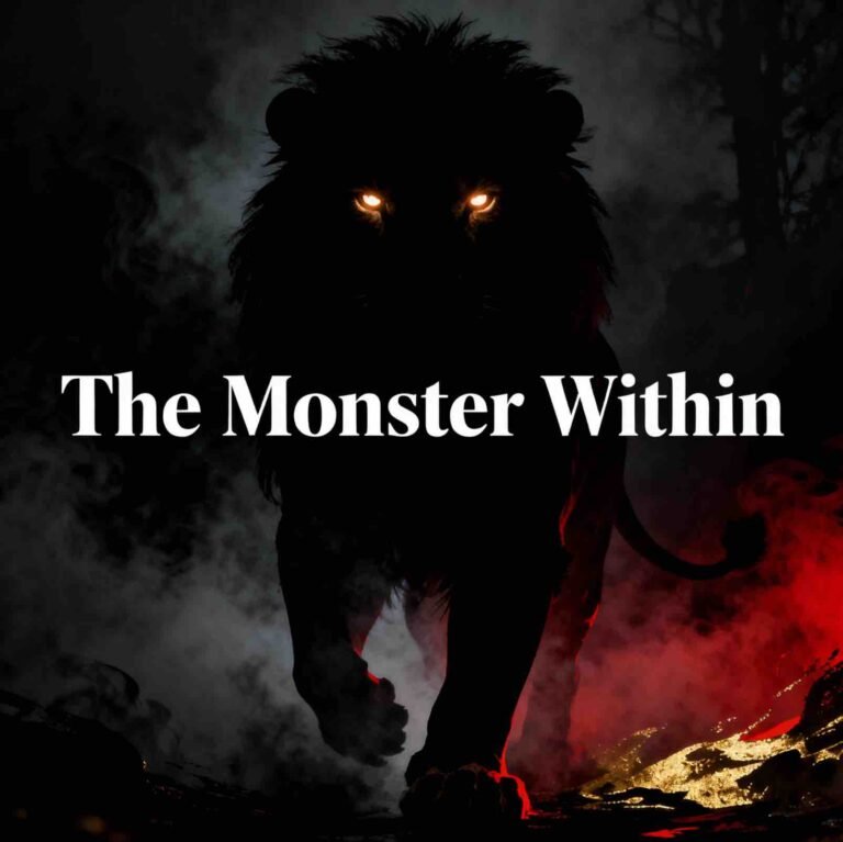 Square dramatic image of a shadowy lion silhouette emerging from dark mist with glowing eyes, symbolizing the powerful and mysterious inner monster or shadow self.