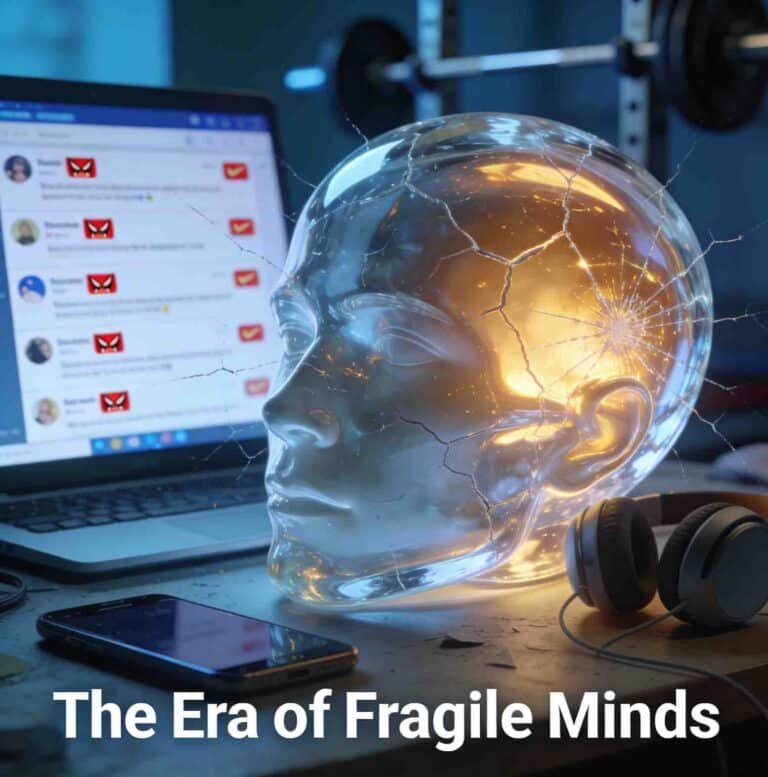 Hyper-realistic square image of a transparent cracked-glass human head glowing softly from within, resting on a desk cluttered with a smartphone, headphones, and a laptop showing blurred social media notifications, with a gym barbell faintly visible in the background, symbolizing mental fragility and potential resilience in the digital age.