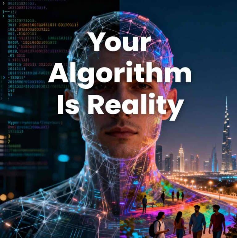 Hyper-realistic square artwork of a human silhouette overlaid with glowing code matrices and neural networks transforming into a vibrant Dubai cityscape. Left side: raw binary and algorithms. Right side: colorful life scenes and skyline. Bold title "Your Algorithm Is Reality" in futuristic typography. Dramatic lighting for social media. (see the generated image above)