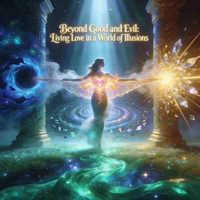 Feminine silhouette weaves rose-gold Love flames between indigo shadow and gold light pillars, spiraling into cosmic unity beyond duality.