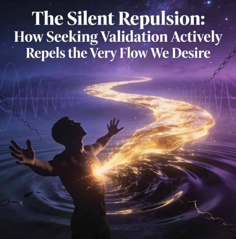 Surreal silhouette grasping at golden abundance river, repelled by dark distortion waves from chest amid quantum interference sky—symbolizing validation's silent repulsion.