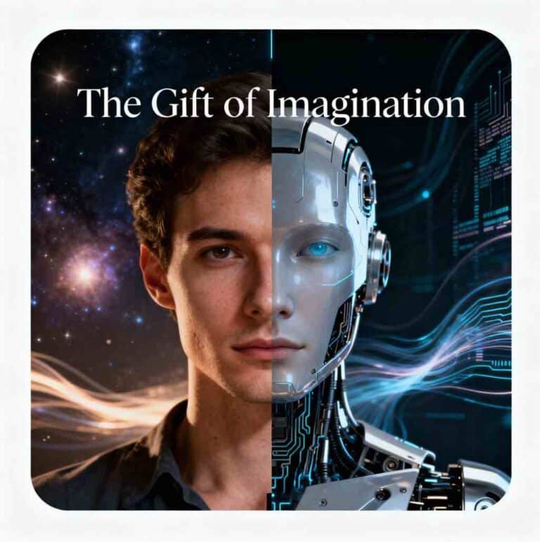 Hyper-realistic portrait of a figure split down the center: left side human with natural skin and thoughtful expression, right side advanced AI robot with metallic circuitry and glowing elements. Cosmic background with light streams. Bold title "The Gift of Imagination" overlaid in elegant typography. Square format for social media.