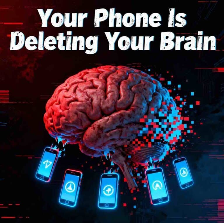Dramatic square image of a human brain shrinking and dissolving into smartphone pixels and notification icons, symbolizing cognitive decline from digital addiction.