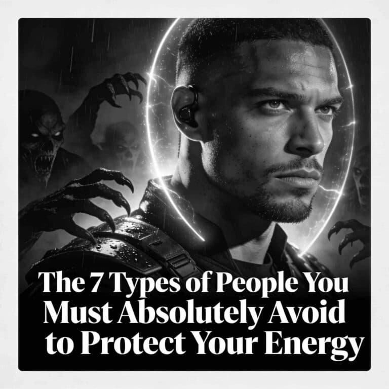Black and white cinematic portrait of stoic modern warrior with glowing energy shield repelling demonic claw hands, bold title "The 7 Types of People You Must Absolutely Avoid to Protect Your Energy.