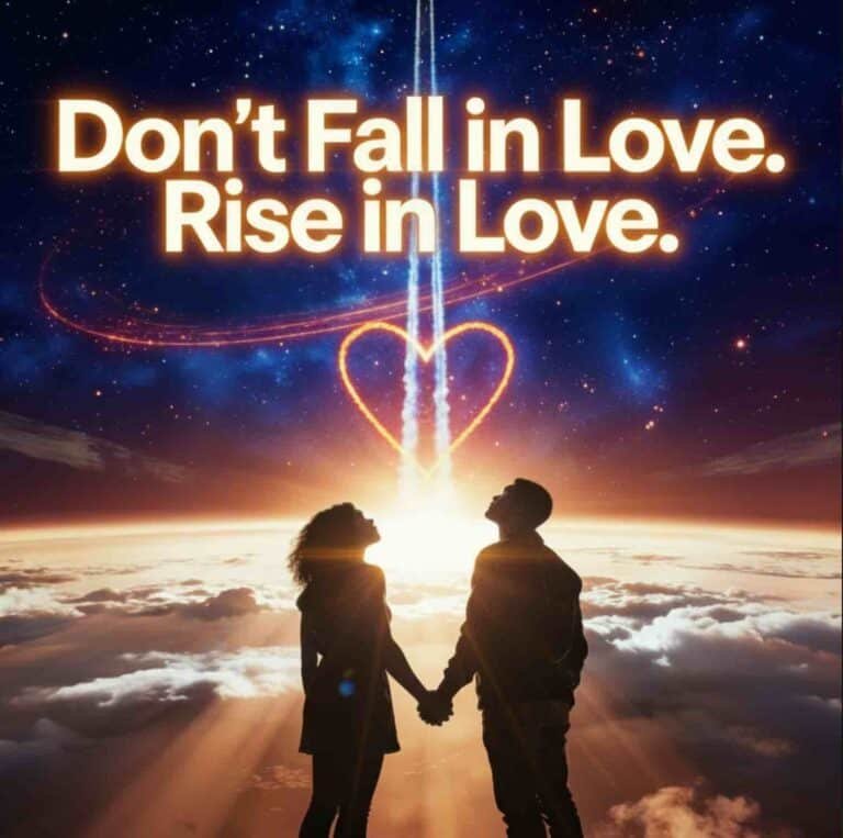 Silhouette couple holding hands rising above clouds toward cosmic heart rocket trail at sunrise, title "Don't Fall in Love. Rise in Love."