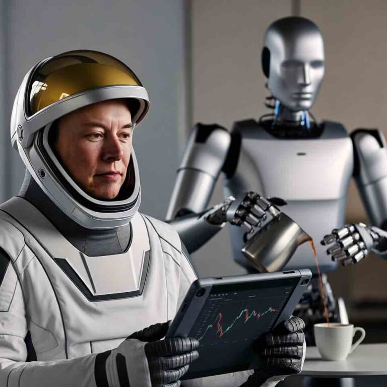 Elon Musk in a spacesuit sits at a table checking stock charts on a tablet while a sleek humanoid robot serves him coffee in a modern office, symbolizing AI abundance and universal high income.