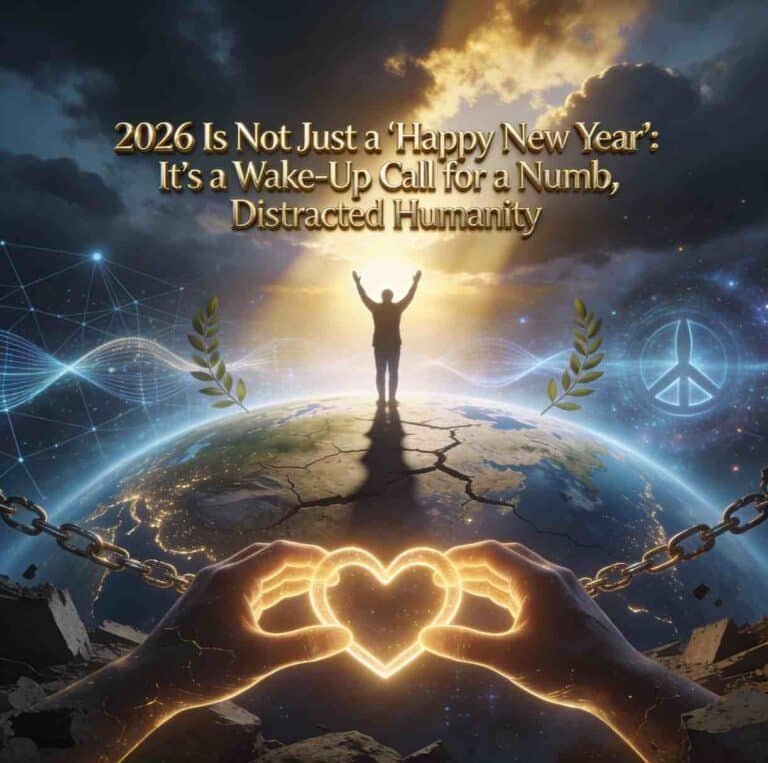 Hyper-realistic silhouette rising from fractured earth amid shadowy AI voids, golden dawn linking human hearts in awakening unity—2026's call from numbness.