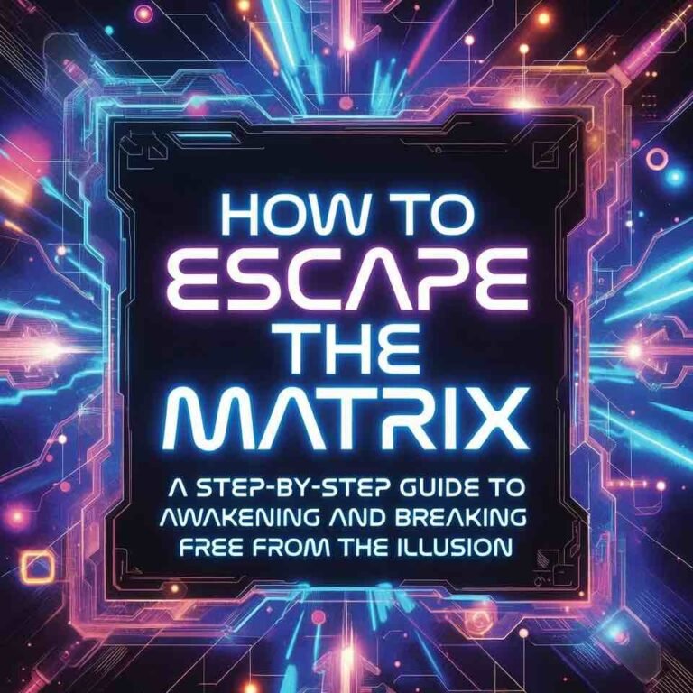 Vibrant neon digital graphic with glowing cyber matrix code and beams framing the bold title "How to Escape the Matrix: A Step-by-Step Guide to Awakening & Free from the Illusion.