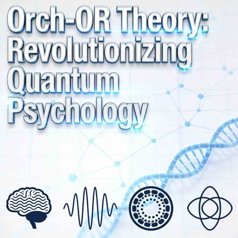 Clean scientific visualization featuring "Orch-OR Theory: Revolutionizing Quantum Psychology" title with brain silhouette, microtubule structure, and quantum wave patterns on white holographic background