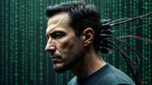 Intense close-up of a man with a serious expression, multiple cables plugged into his head, surrounded by cascading green digital Matrix code on a dark background. 
