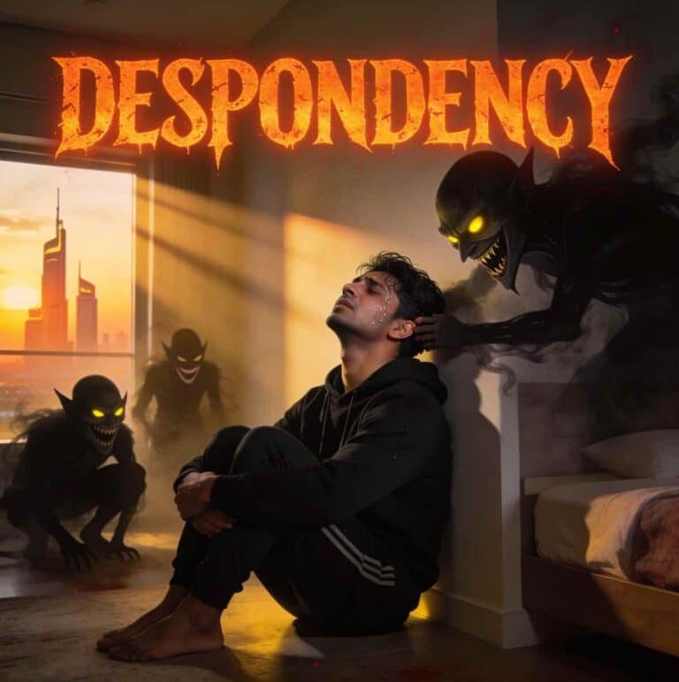 Ultra-realistic image of a depressed young South Asian man slumped against a wall in a modern Dubai bedroom at sunset, encircled by shadowy demons with malicious grins symbolizing spiritual despondency, with "DESPONDENCY" title overlay