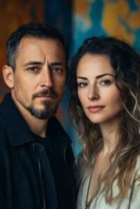 A realistic close-up of a couple gazing intensely at each other across a quantum rift, with swirling codes and mathematical formulas distorting the space between them, symbolizing clashing universes unable to merge."