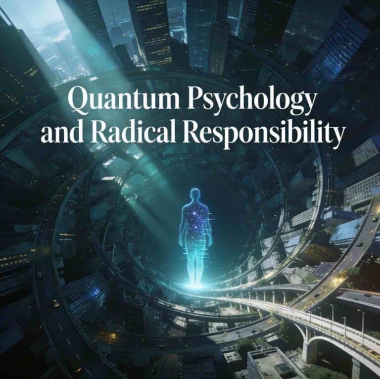 Hyper-realistic square image of a surreal city folding into itself, with a glowing human silhouette and large traditional serif title “Quantum Psychology and Radical Responsibility” at the top.