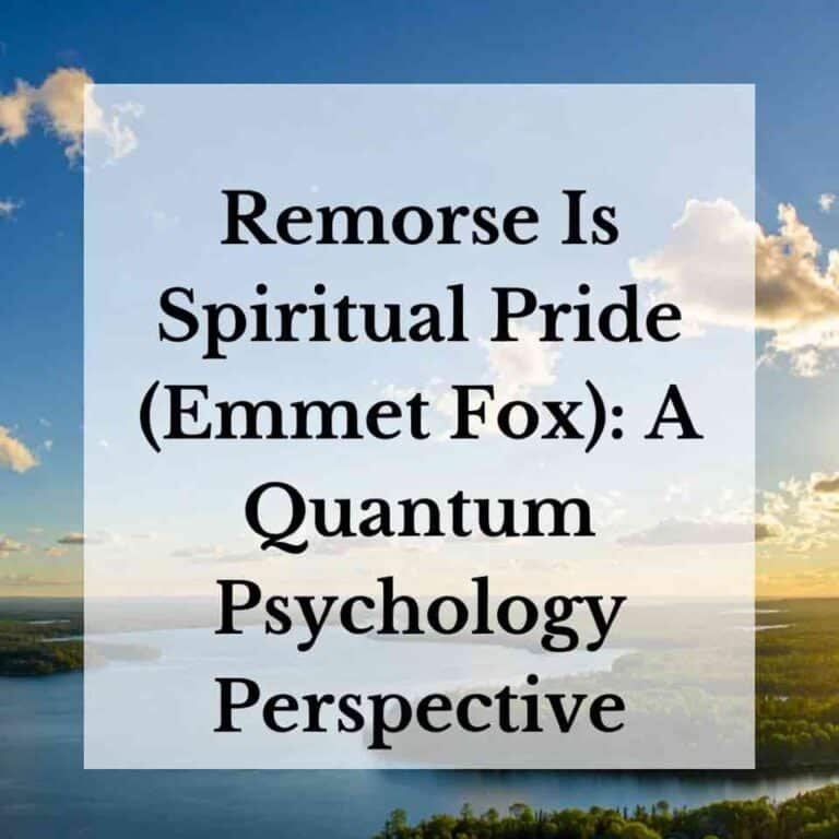 A square inspirational graphic with a serene, glorious landscape background featuring a calm lake, green fields, and a dramatic sky with clouds at sunset (or bright blue sky in the alternate version). Centered on a semi-transparent white overlay is bold black serif text reading: 'Remorse Is Spiritual Pride (Emmet Fox): A Quantum Psychology Perspective'