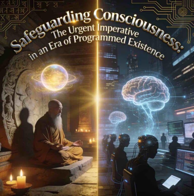 Dramatic split-image contrasting ancient temple consciousness orb with futuristic AI cyberpunk city, title "Safeguarding Consciousness: The Urgent Imperative in an Era of Programmed Existence"