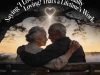 Black and white portrait of elderly couple on weathered bench sharing unconditional love through gentle touch, golden hour light forming heart shape above, title "Saying 'I Love You' Is Easy. Actually Loving? That's a Lifetime's Work.
