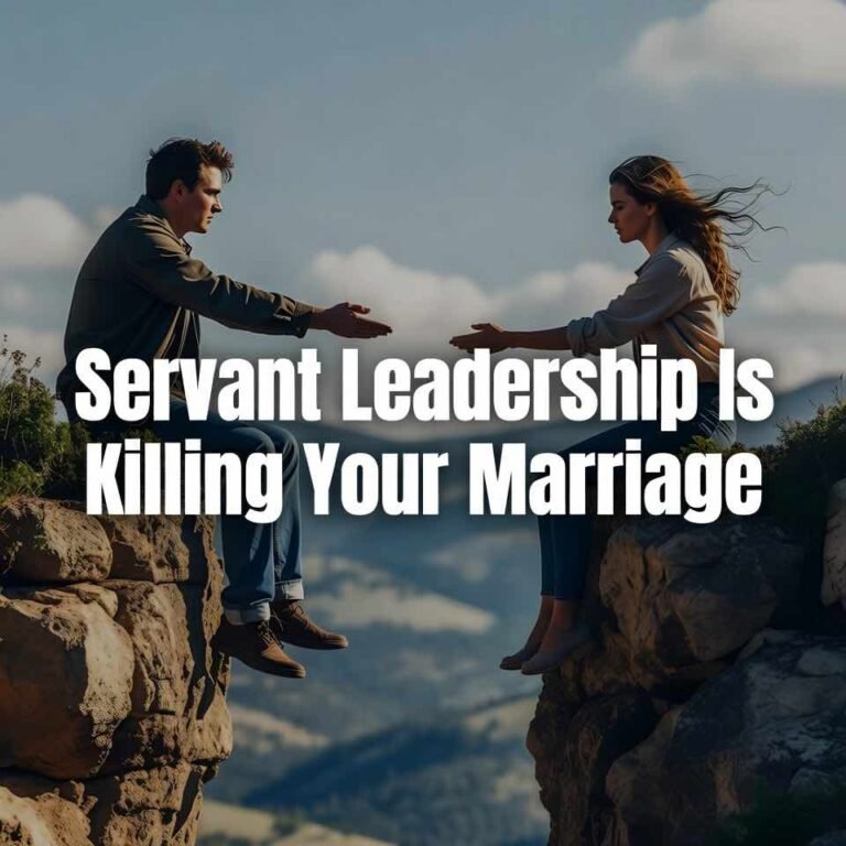 "A couple sits on separate cliffs with a deep gap between them, extending their hands toward each other but unable to reach, symbolizing emotional distance in a relationship. Overlaid bold white text reads: 'Servant Leadership Is Killing Your Marriage' against a scenic mountainous backdrop at sunset.