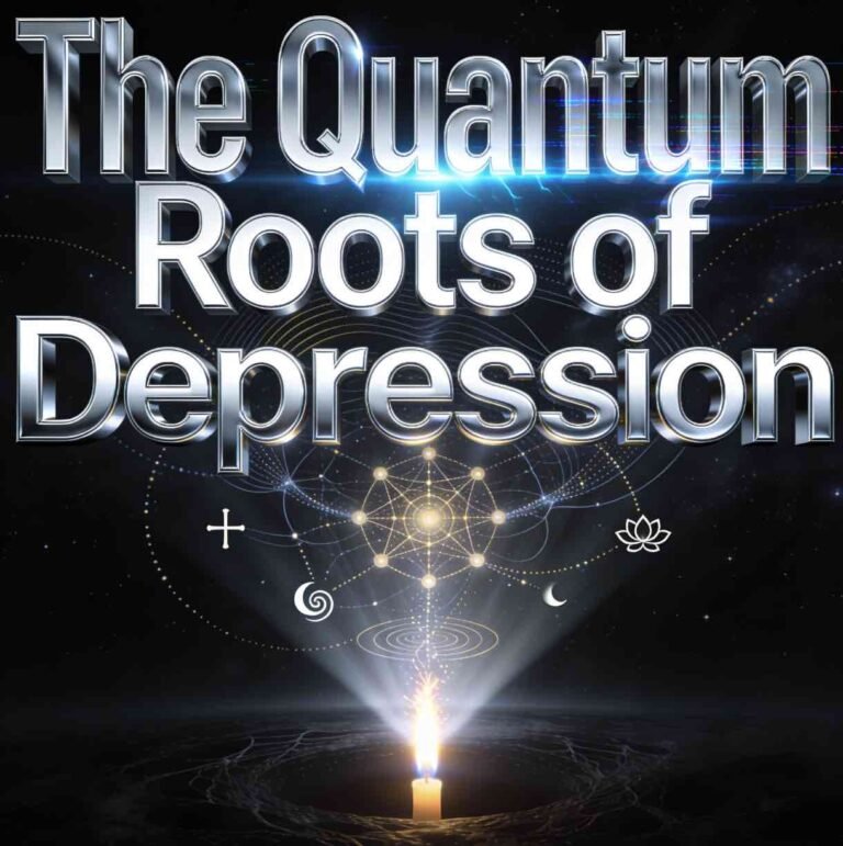Hyper-realistic quantum spark igniting from darkness with massive bold title "The Quantum Roots of Depression" overlay, featuring neural microtubules and universal religious symbols