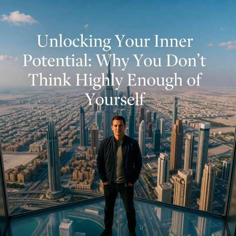 A man stands confidently on the summit of the Burj Khalifa, overlooking Dubai's sprawling cityscape from a drone's aerial perspective, symbolizing achievement and self-belief, with overlaid bold white text: 'Unlocking Your Inner Potential: Why You Don't Think Highly Enough of Yourself' against a clear blue sky.
