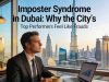 Photorealistic image of a sharply dressed male executive sitting pensively in an upscale Dubai coffee shop, gazing out at the city skyline through large windows, laptop and coffee nearby, illustrating imposter syndrome among high achievers