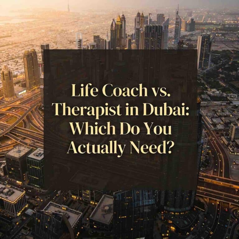 Aerial view of Dubai's skyline at dusk with overlaid text: "Life Coach vs. Therapist in Dubai: Which Do You Actually Need?
