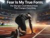 Hyper-realistic image of an elite male sprinter poised on Olympic starting blocks under night stadium floodlights, head bowed in focused calm, with title text "What Remains After Fear Is My True Form" overlaid