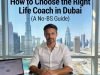 Photorealistic male life coach in Dubai high-rise office with Burj Khalifa skyline view through large windows, evaluating coaching options on laptop, notebook with questions on desk