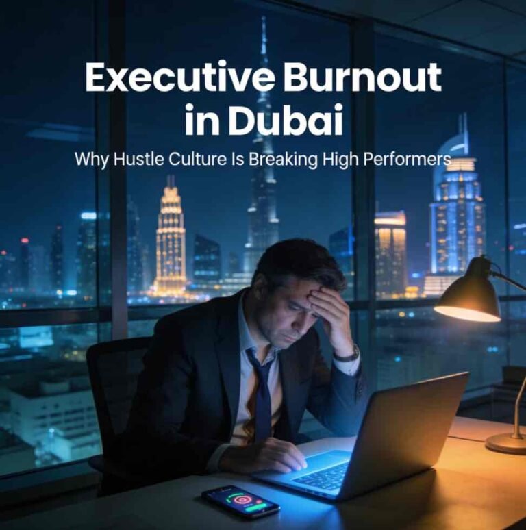 Overworked male executive in a glass-walled Dubai office at night, leaning over his laptop with a loosened tie, city skyline glowing behind him, illustrating executive burnout.