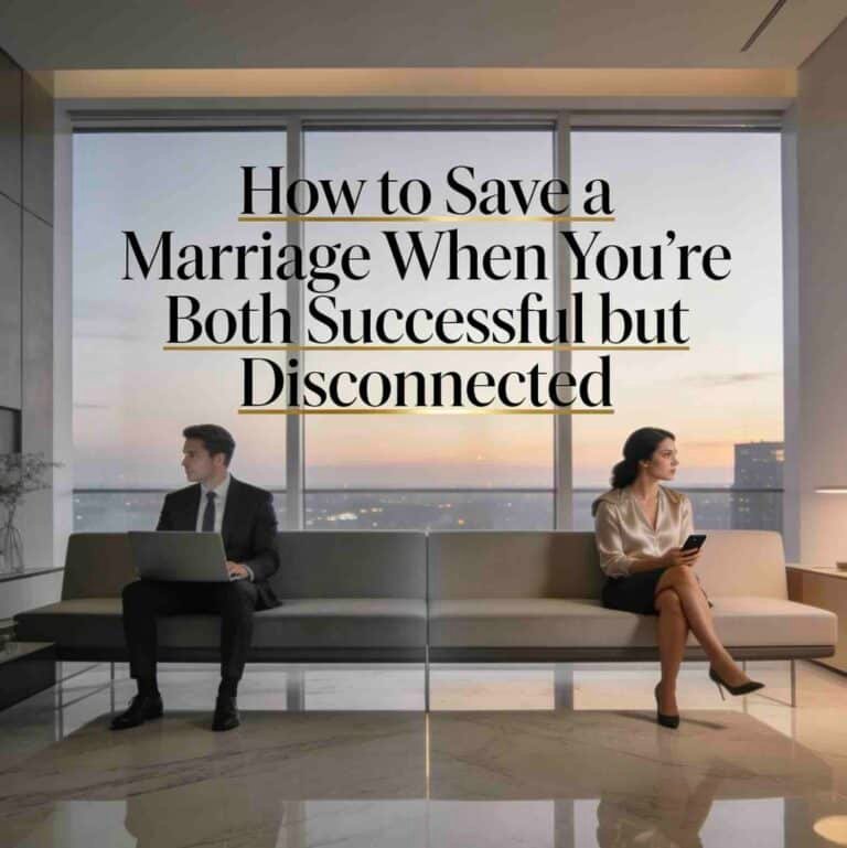 A successful married couple sits apart on a sleek sofa in a luxurious modern apartment, emotionally disconnected, with the title “How to Save a Marriage When You’re Both Successful but Disconnected.”