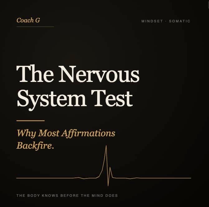Dark minimal cover reading “The Nervous System Test” with the subtitle “Why Most Affirmations Backfire” and a subtle heartbeat line graphic.