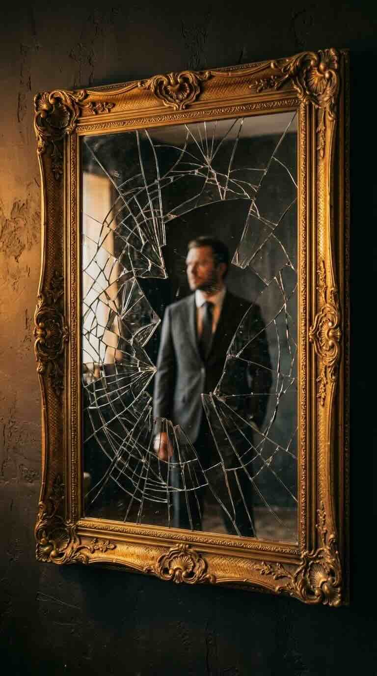 Shattered mirror with gold frame reflecting a fragmented identity — transformation coaching by Coach G Dubai