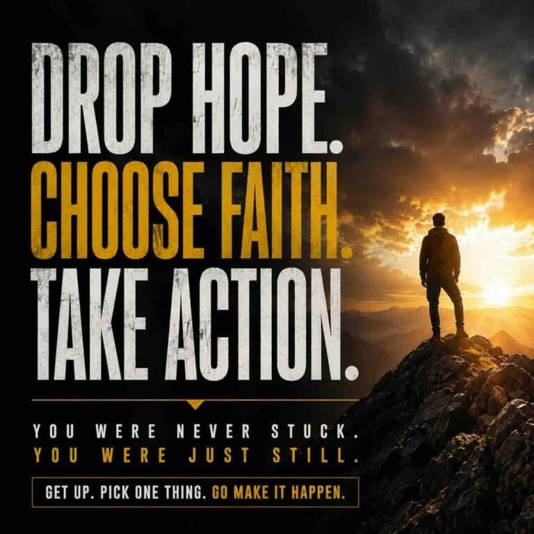 A lone person stands on a rocky mountain peak at sunrise beneath dramatic storm clouds. Large bold typography fills the left side of the image with the words: "DROP HOPE. CHOOSE FAITH. TAKE ACTION." Smaller text below reads: "You were never stuck. You were just still." and "Get up. Pick one thing. Go make it happen."