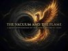 Dark alchemical book cover titled "The Vacuum and the Flame" showing a phoenix of gold fire rising from an empty black void, with the subtitle "A Quantum Psychology of Fear, Love and the End of Loosh."