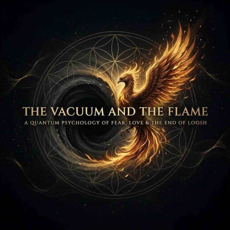 Dark alchemical book cover titled "The Vacuum and the Flame" showing a phoenix of gold fire rising from an empty black void, with the subtitle "A Quantum Psychology of Fear, Love and the End of Loosh."