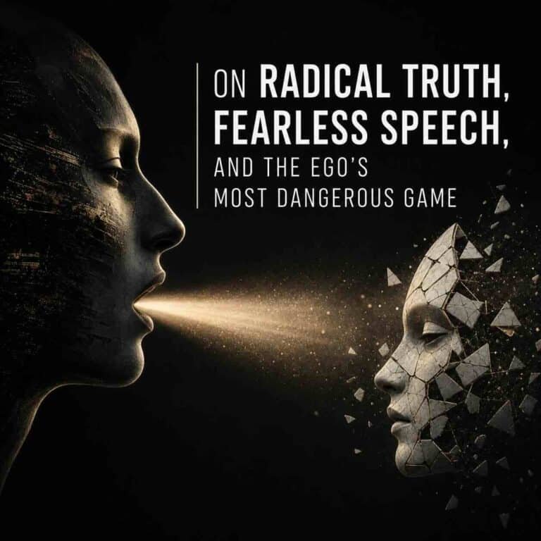 “Human profile speaking a beam of light into darkness, shattering a mask that represents the ego, with the title ‘On Radical Truth, Fearless Speech, and the Ego’s Most Dangerous Game’ in white minimalist typography.”