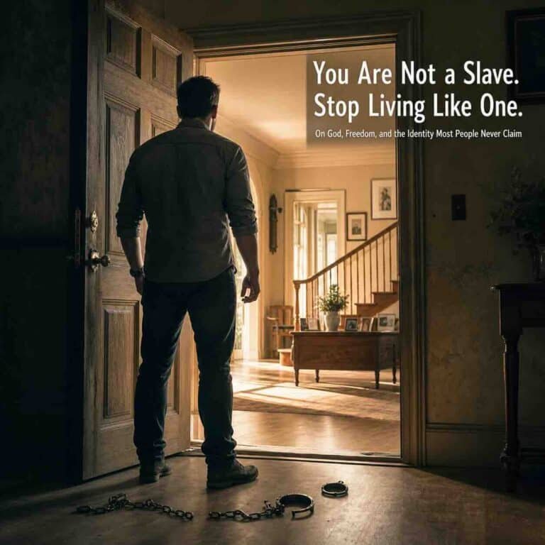 Man standing just inside an open doorway with broken handcuffs on the floor, looking into a warm, sunlit home interior that symbolizes leaving spiritual slavery for sonship and freedom in God.