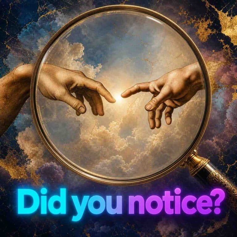 Square social graphic showing a close-up of two hands nearly touching inside a clear circular lens: God’s index finger fully stretched, Adam’s finger relaxed and curved, with a modern cyan-to-purple gradient “Did you notice?” CTA.
