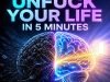 1:1 banner featuring a glowing human brain transitioning from dark, tangled neural pathways to bright blue, violet, and golden light, beside the headline “How to Unfuck Your Life in 5 Minutes.”